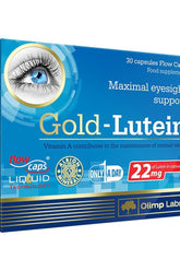 Olimp Labs Gold Lutein supplement package, 30 capsules for eye health and vision support.